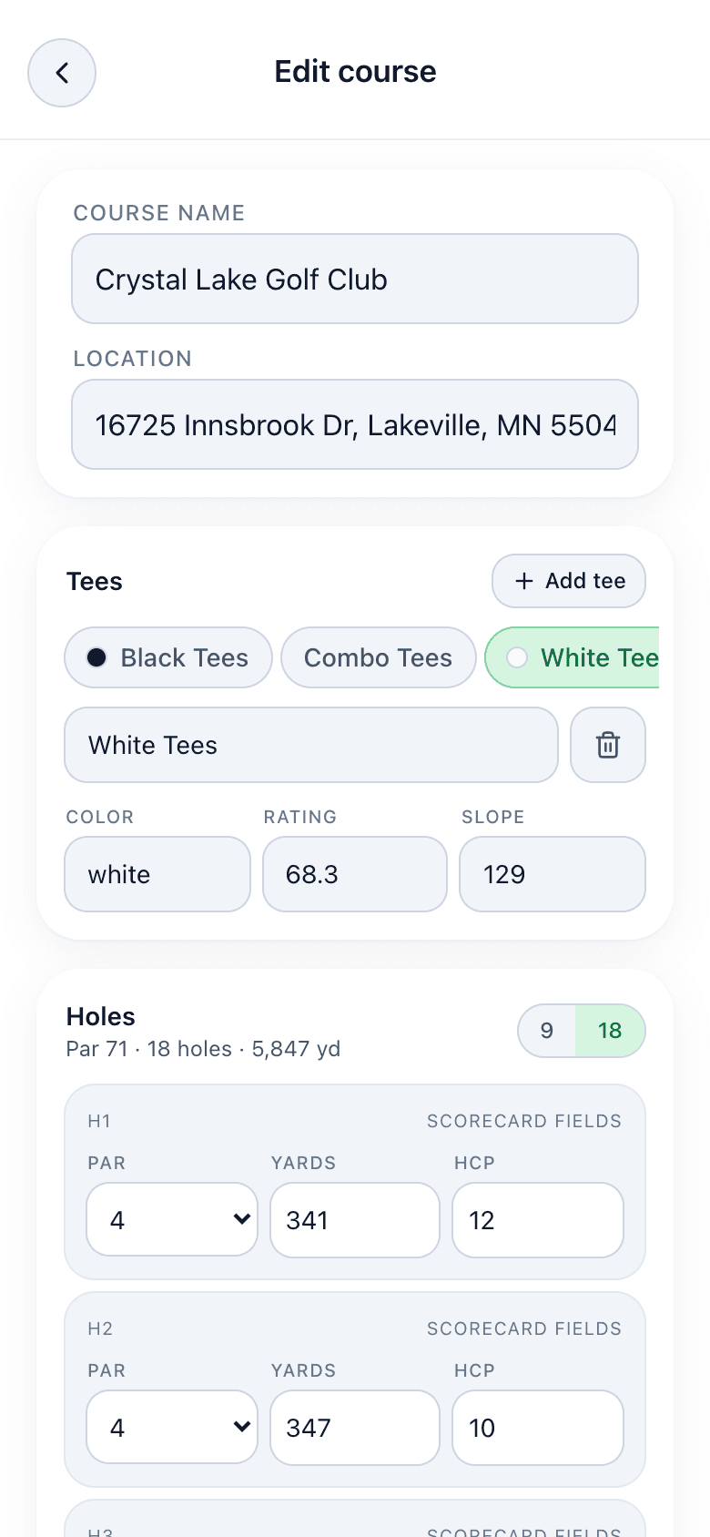 Parchaser course review screen for Crystal Lake Golf Club