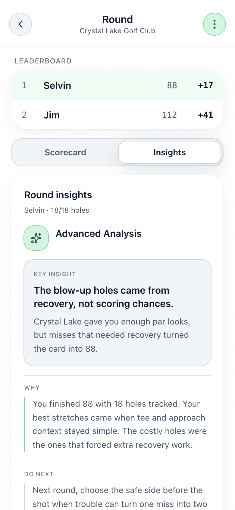 Parchaser insights screen for Selvin's Crystal Lake round