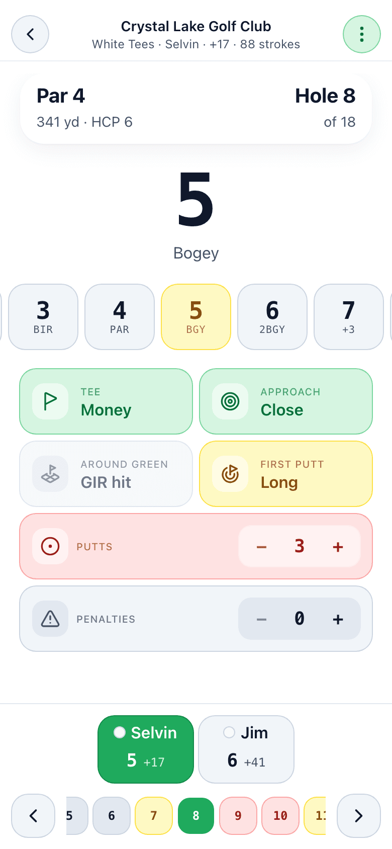 Parchaser one-handed scoring screen on hole 8 of a Crystal Lake round